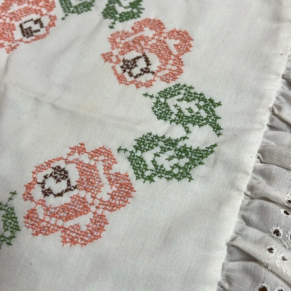 Vintage Cross Stitch pillow cover handmade White with eyelet trim pillow cover.